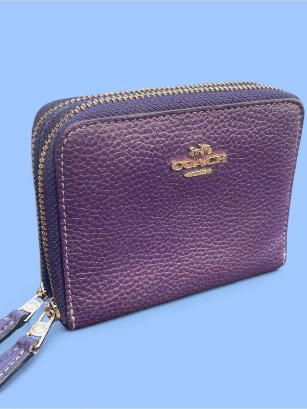 Coach Purple Pebbled Leather Double Zip Wallet with Gold Hardware